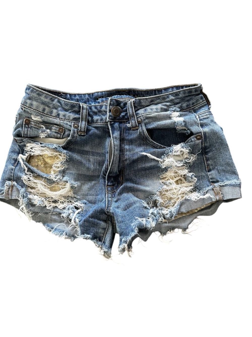 American Eagle Women’s Distressed Sequin Denim Shorts - Blue